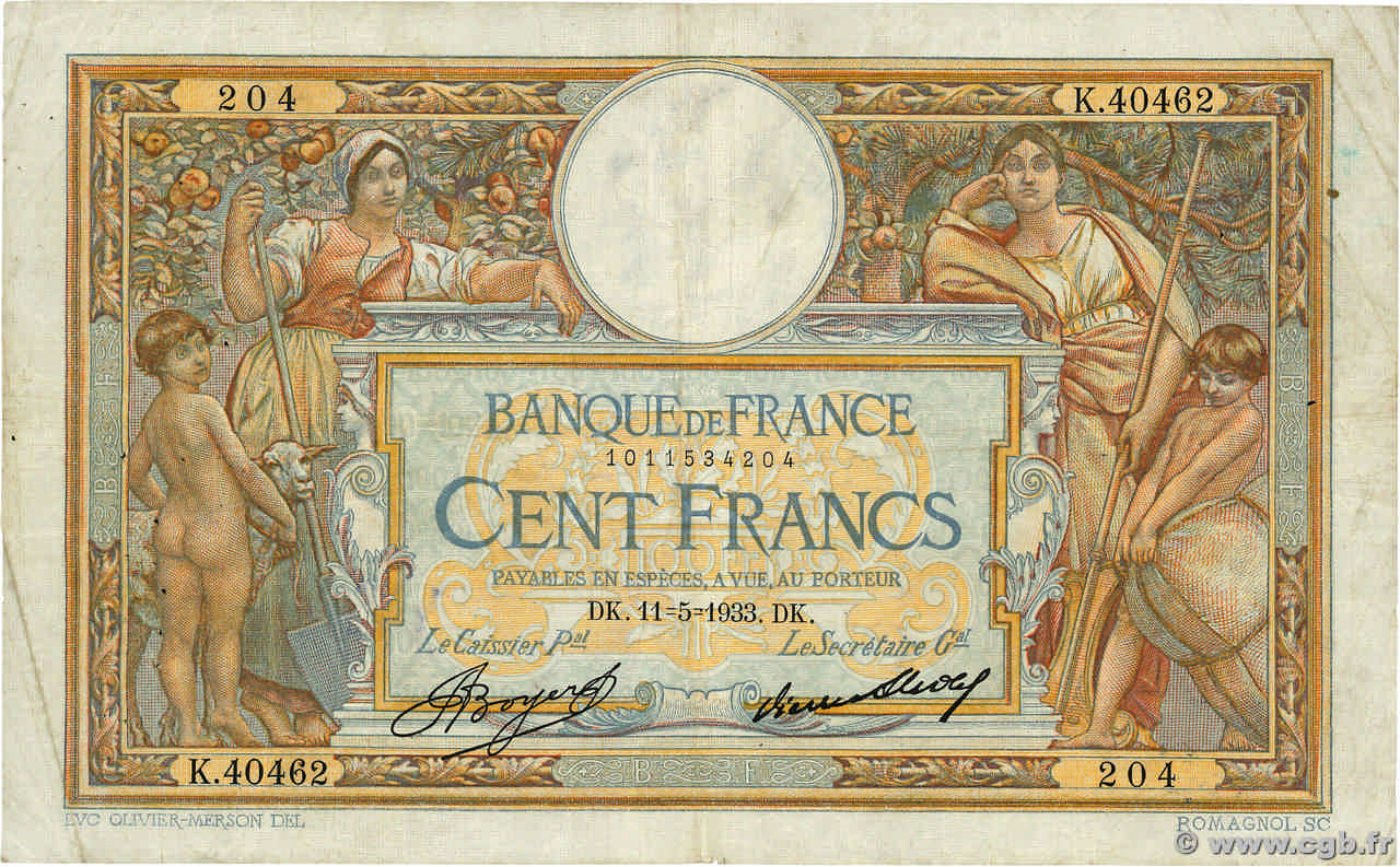 100 Francs LUC OLIVIER MERSON grands cartouches FRANCE  1933 F.24.12 TB