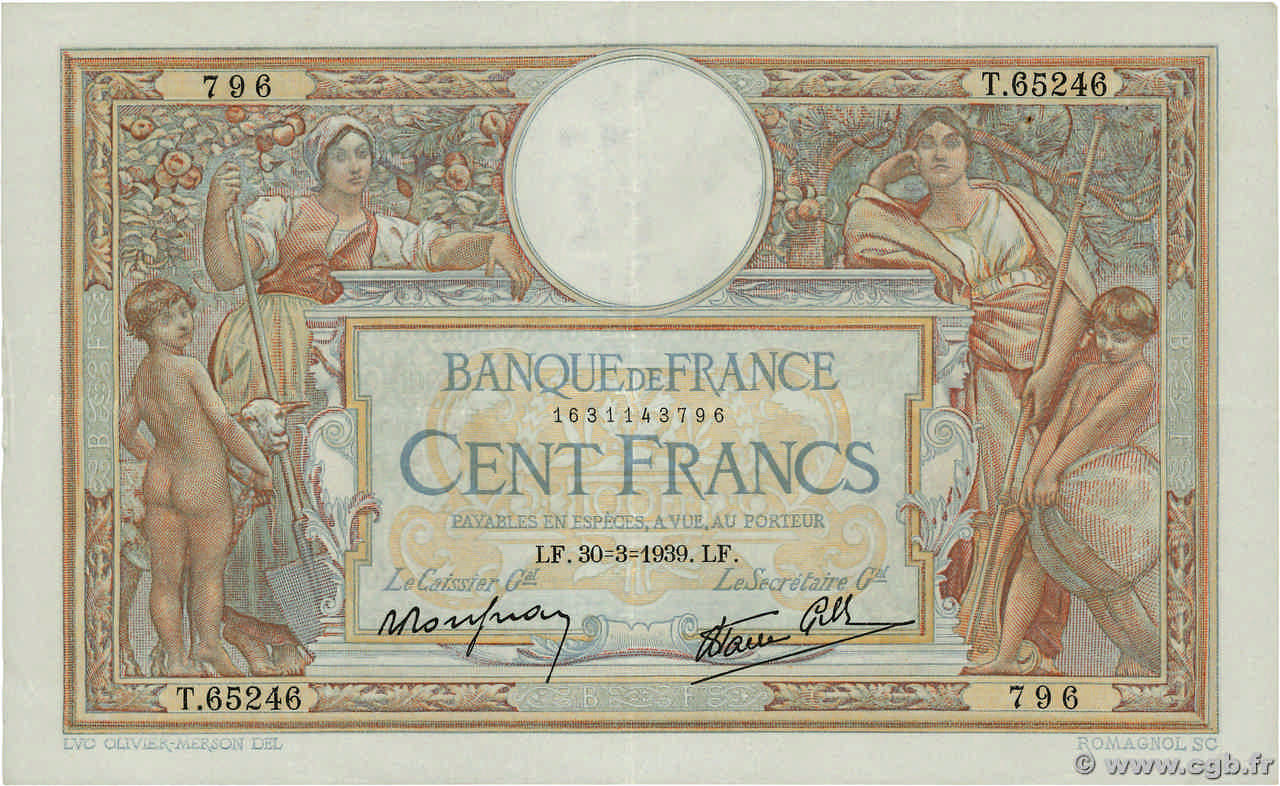 100 Francs LUC OLIVIER MERSON type modifié FRANCIA  1939 F.25.44 MBC