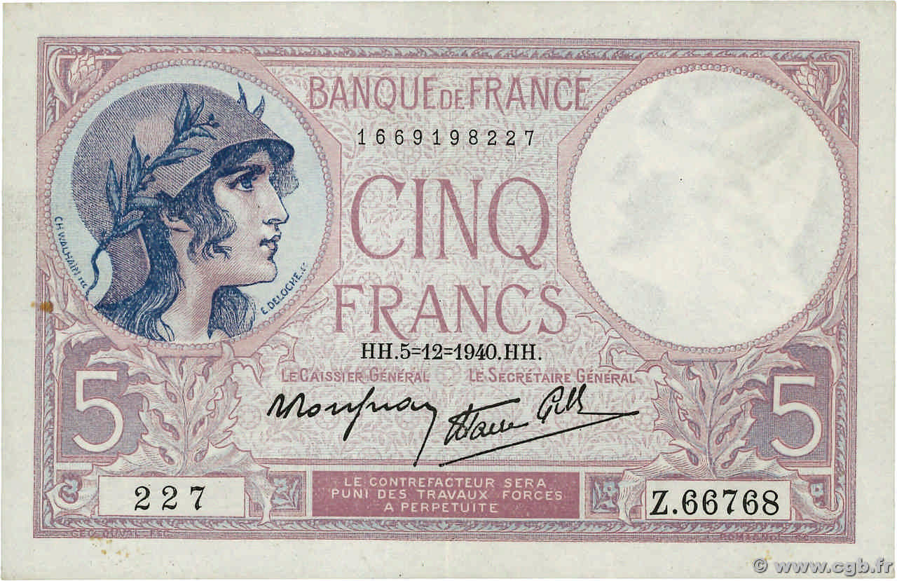 5 Francs FEMME CASQUÉE modifié FRANCE  1940 F.04.16 SUP