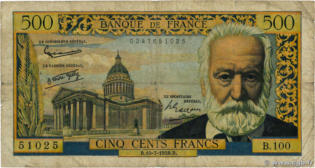 500 Francs VICTOR HUGO FRANCE  1958 F.35.09 B