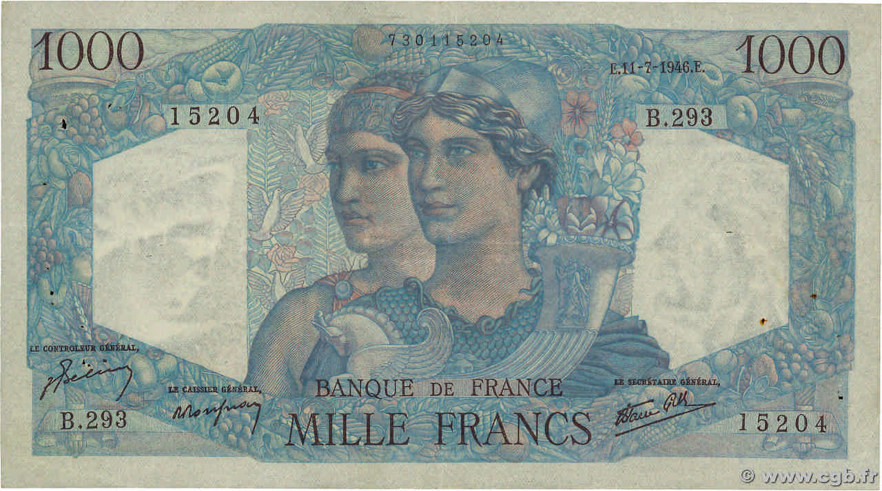 1000 Francs MINERVE ET HERCULE FRANCE  1946 F.41.15 TB+