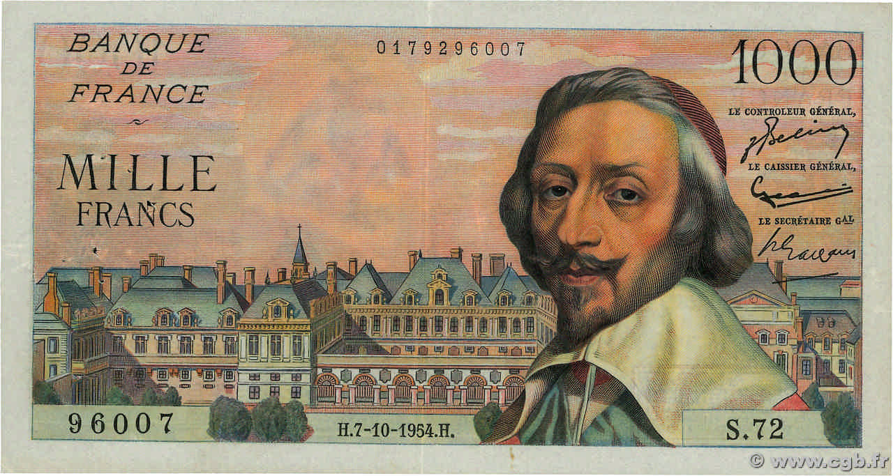 1000 Francs RICHELIEU FRANCE  1954 F.42.08 VF