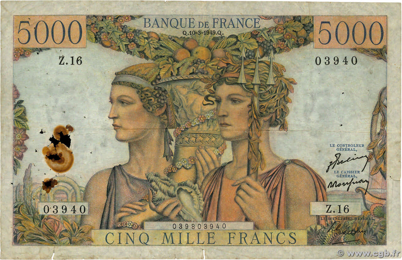 5000 Francs TERRE ET MER FRANCE  1949 F.48.01 B+