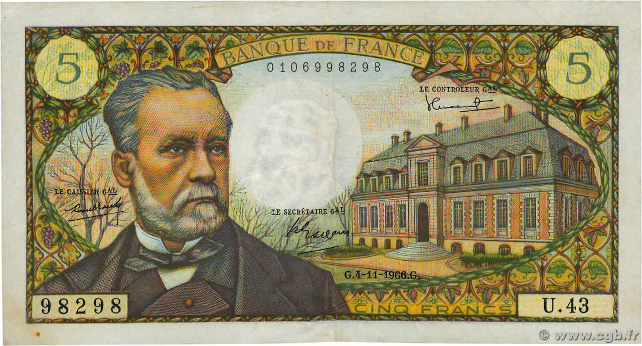5 Francs PASTEUR FRANCE  1966 F.61.04 pr.TTB