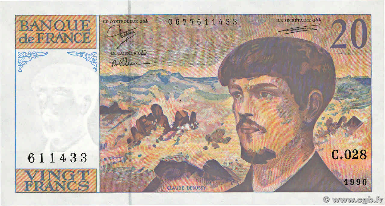 20 Francs DEBUSSY à fil de sécurité FRANCE  1990 F.66BIS.01 pr.NEUF