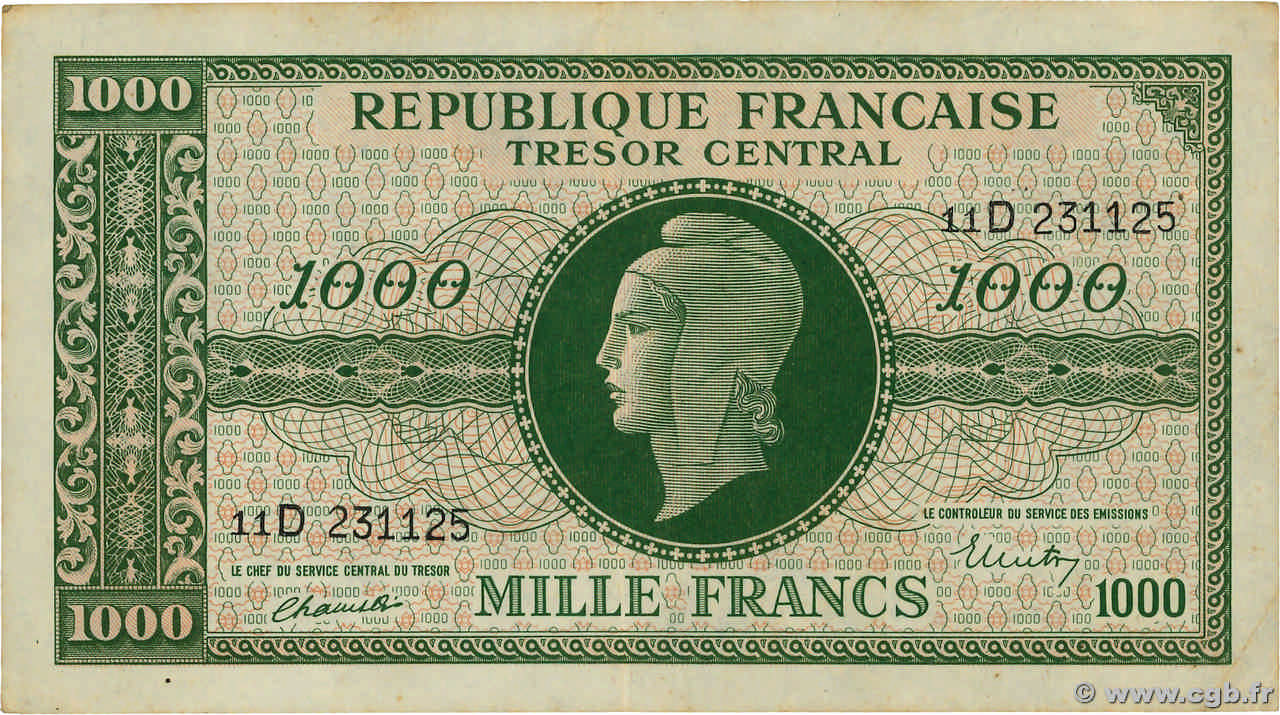 1000 Francs MARIANNE THOMAS DE LA RUE FRANCE  1945 VF.13.01 TTB