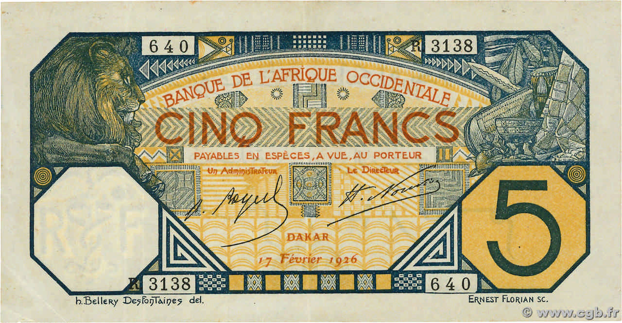 5 Francs DAKAR AFRIQUE OCCIDENTALE FRANÇAISE (1895-1958) Dakar 1926 P.05Bc TTB