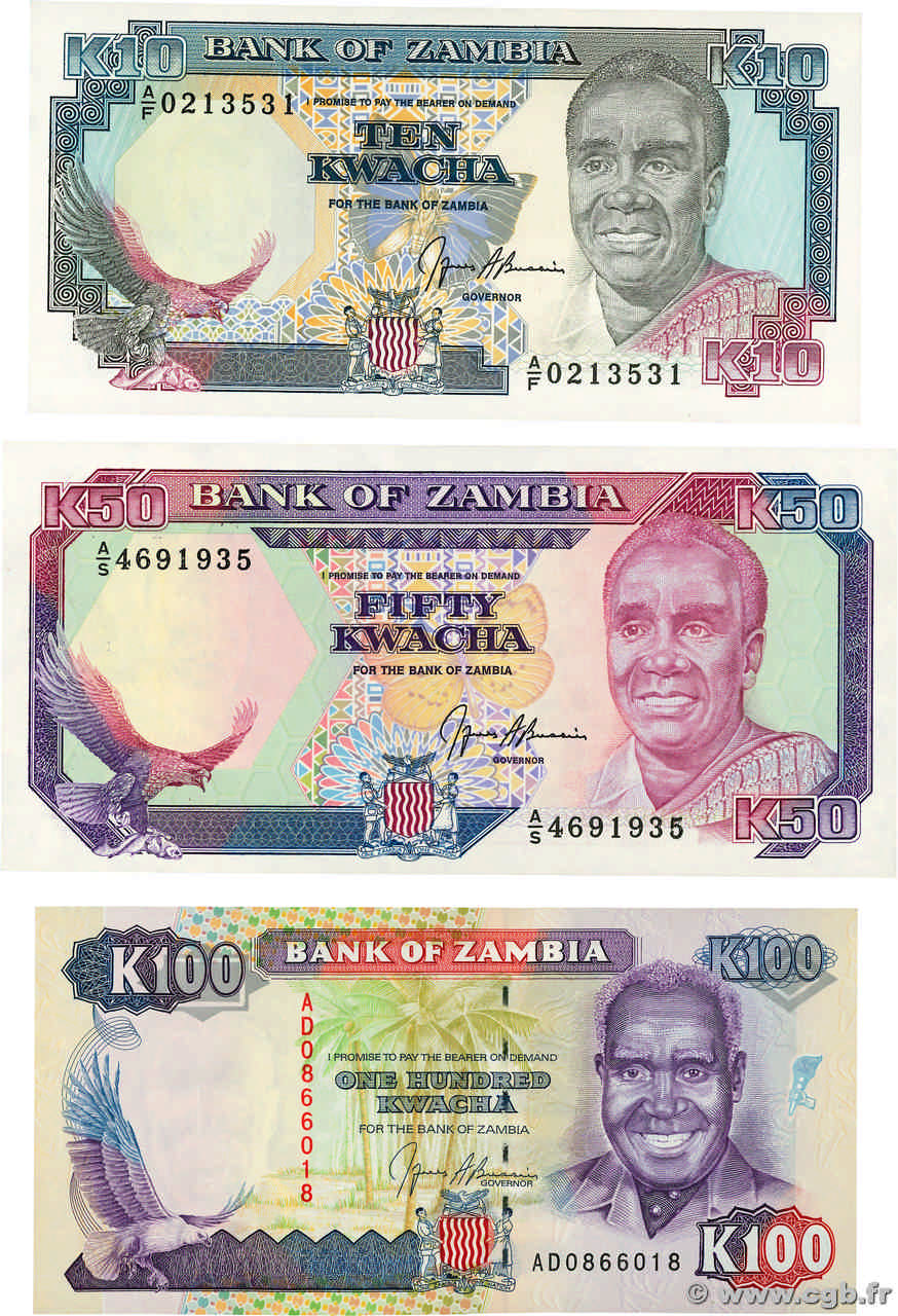 10, 50 et 100 Kwacha Lot ZAMBIE  1989 P.31b et P.33b et P.34a pr.NEUF