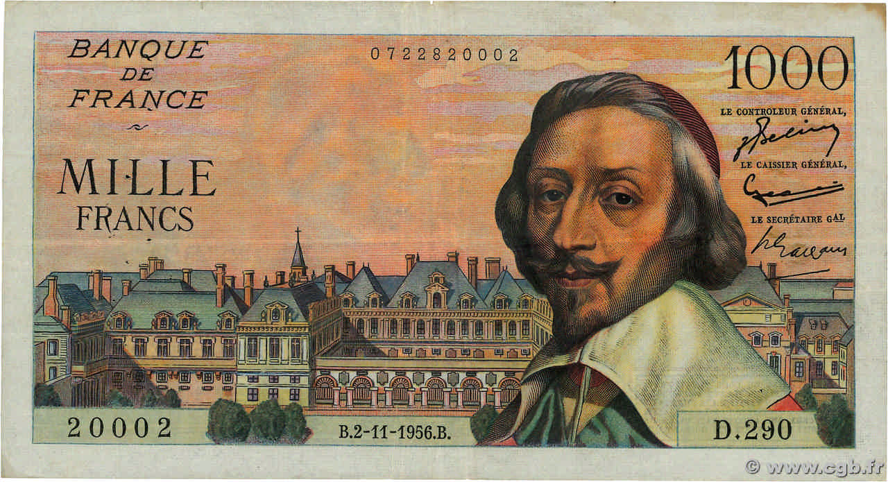 1000 Francs RICHELIEU Numéro radar FRANCIA  1956 F.42.23 MB