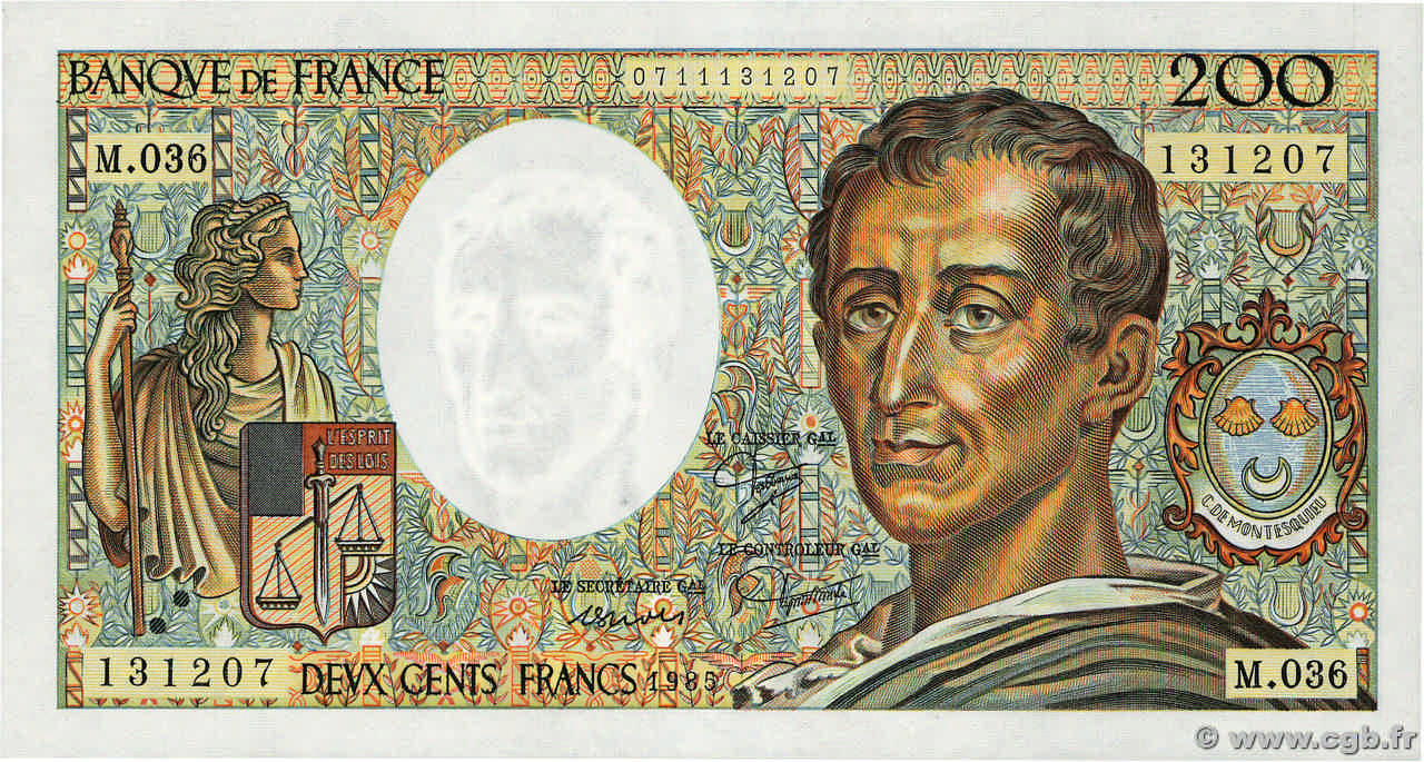 200 Francs MONTESQUIEU FRANCIA  1985 F.70.05 SC+