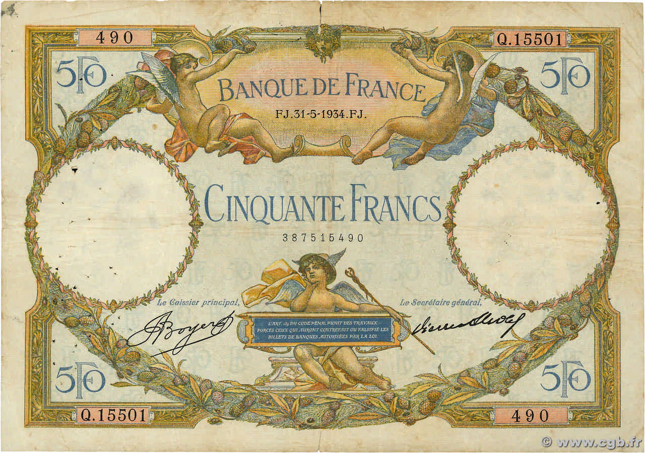 50 Francs LUC OLIVIER MERSON type modifié FRANCE  1934 F.16.05 B
