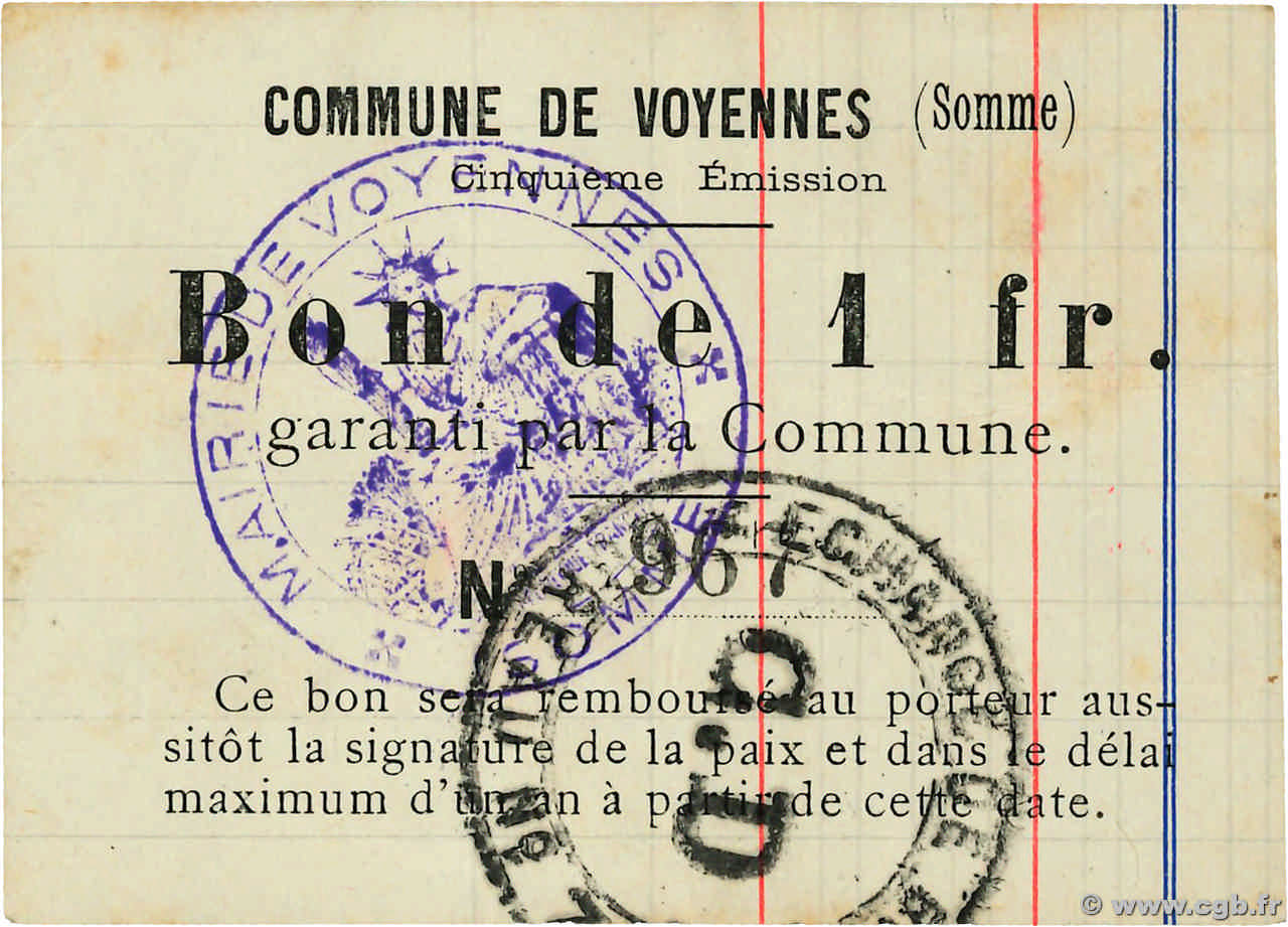 1 Franc FRANCE regionalismo y varios Voyennes 1914 JP.80-642 BC+