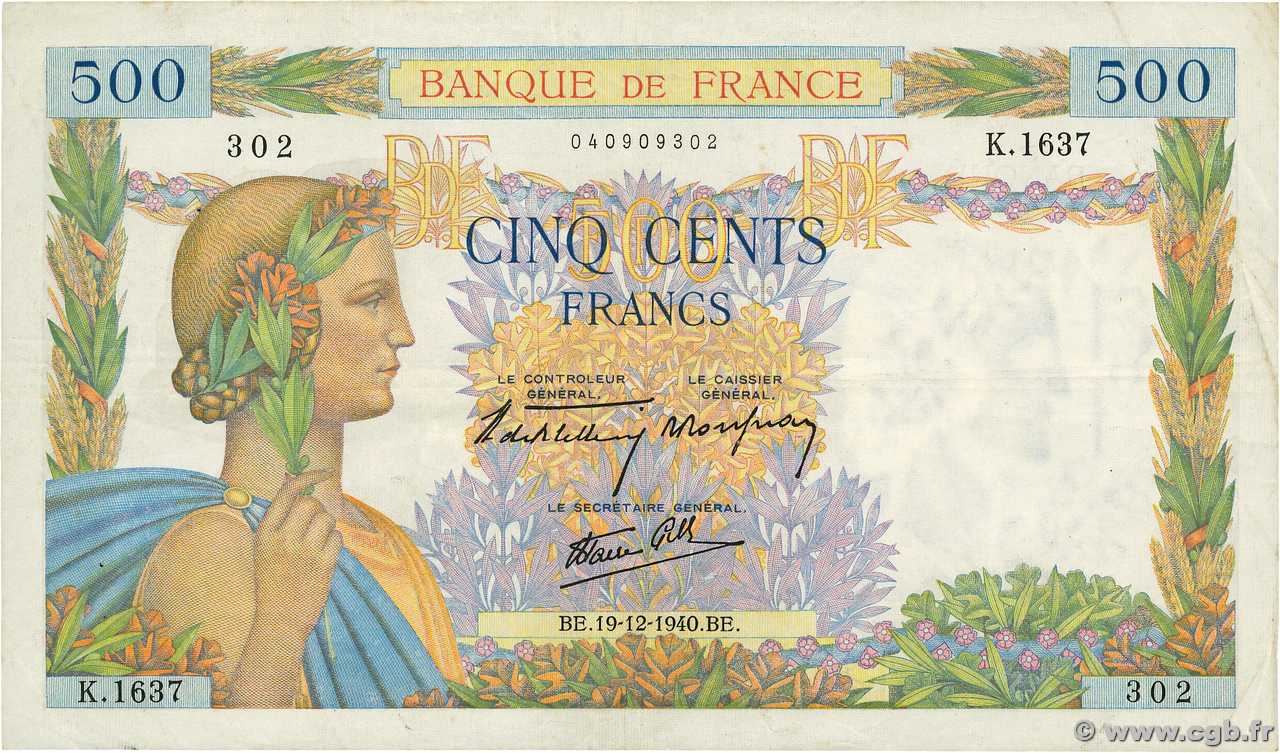 500 Francs LA PAIX FRANCE  1940 F.32.11 TTB