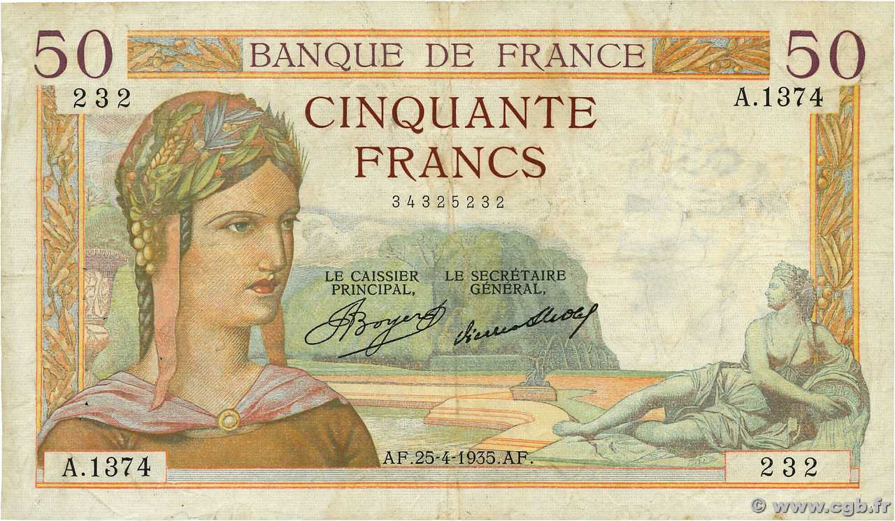 50 Francs CÉRÈS FRANCE  1935 F.17.08 TB
