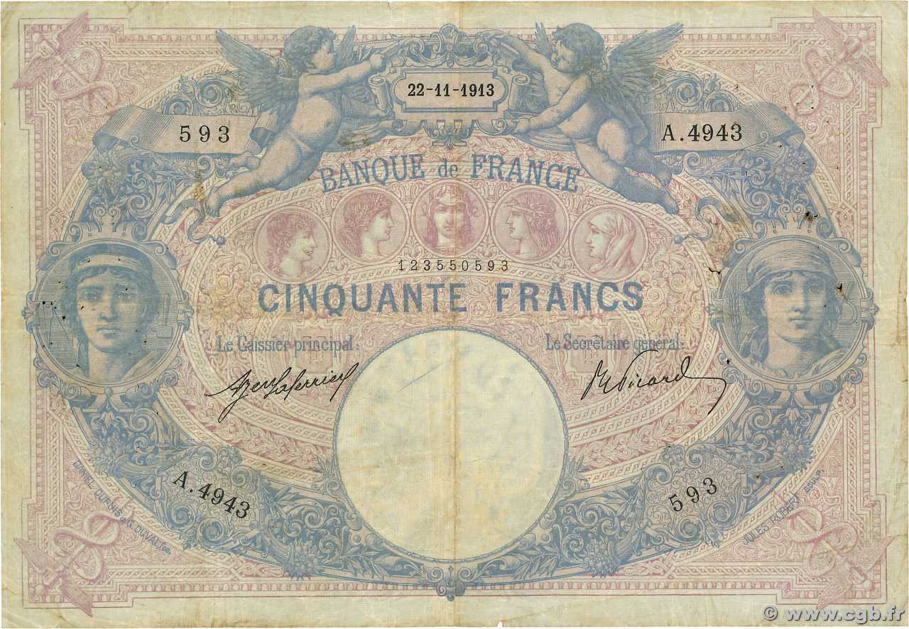 50 Francs BLEU ET ROSE FRANCE  1913 F.14.26 VG
