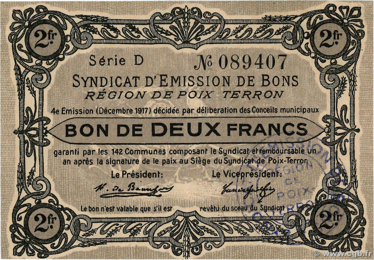 2 Francs FRANCE régionalisme et divers Poix-Terron 1917 JP.08-158 SUP
