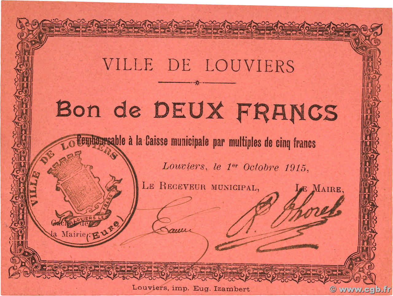 2 Francs FRANCE régionalisme et divers Louviers 1915 JP.27-09 SUP