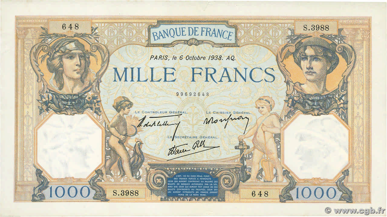 1000 Francs CÉRÈS ET MERCURE type modifié FRANCE  1938 F.38.28 pr.SUP