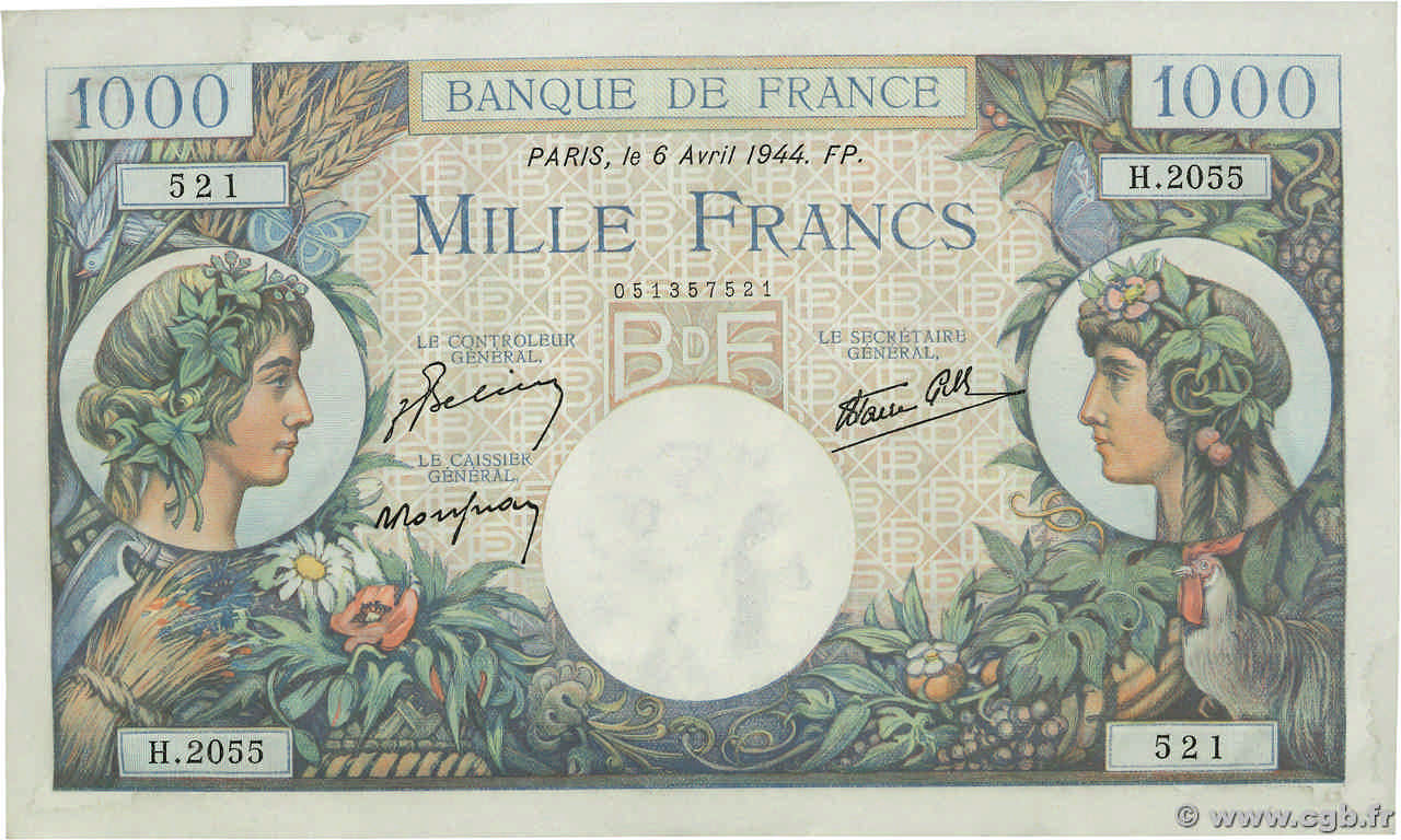 1000 Francs COMMERCE ET INDUSTRIE FRANCIA  1944 F.39.05 AU