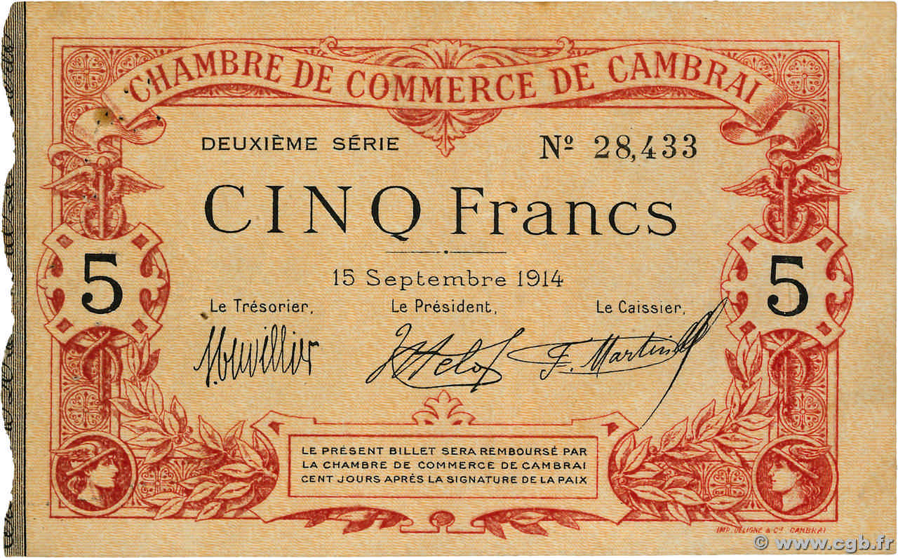 5 Francs FRANCE régionalisme et divers Cambrai 1914 JP.037.14 TTB
