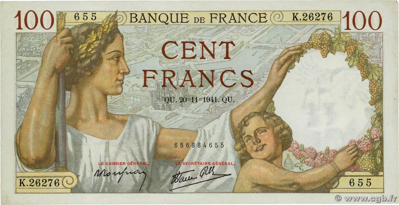 100 Francs SULLY FRANCE  1941 F.26.61 pr.SPL