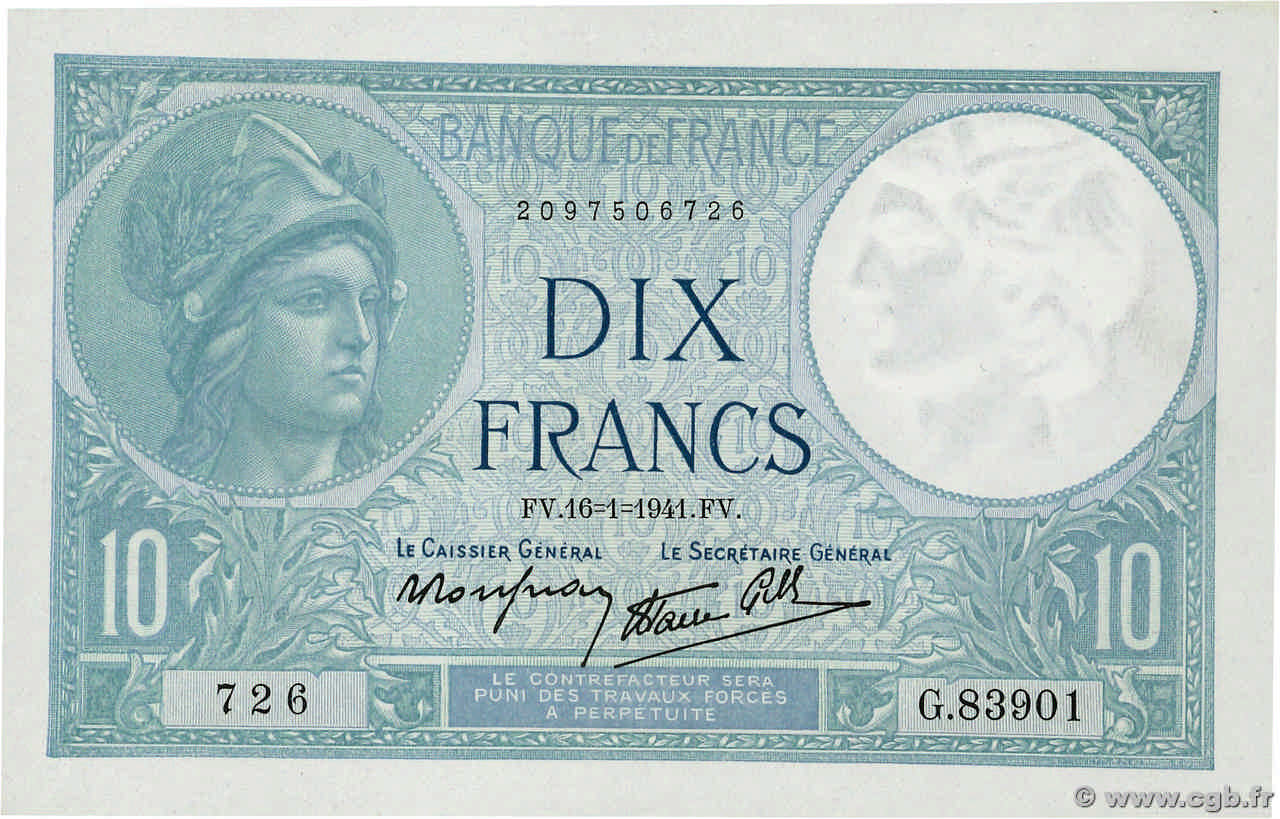 10 Francs MINERVE modifié FRANCE  1941 F.07.28 NEUF