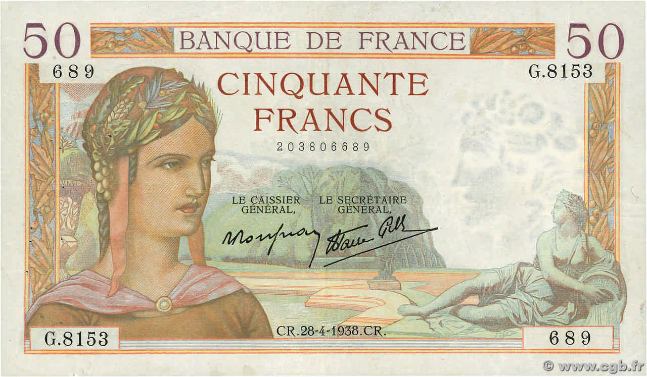 50 Francs CÉRÈS modifié FRANCE  1938 F.18.12 VF