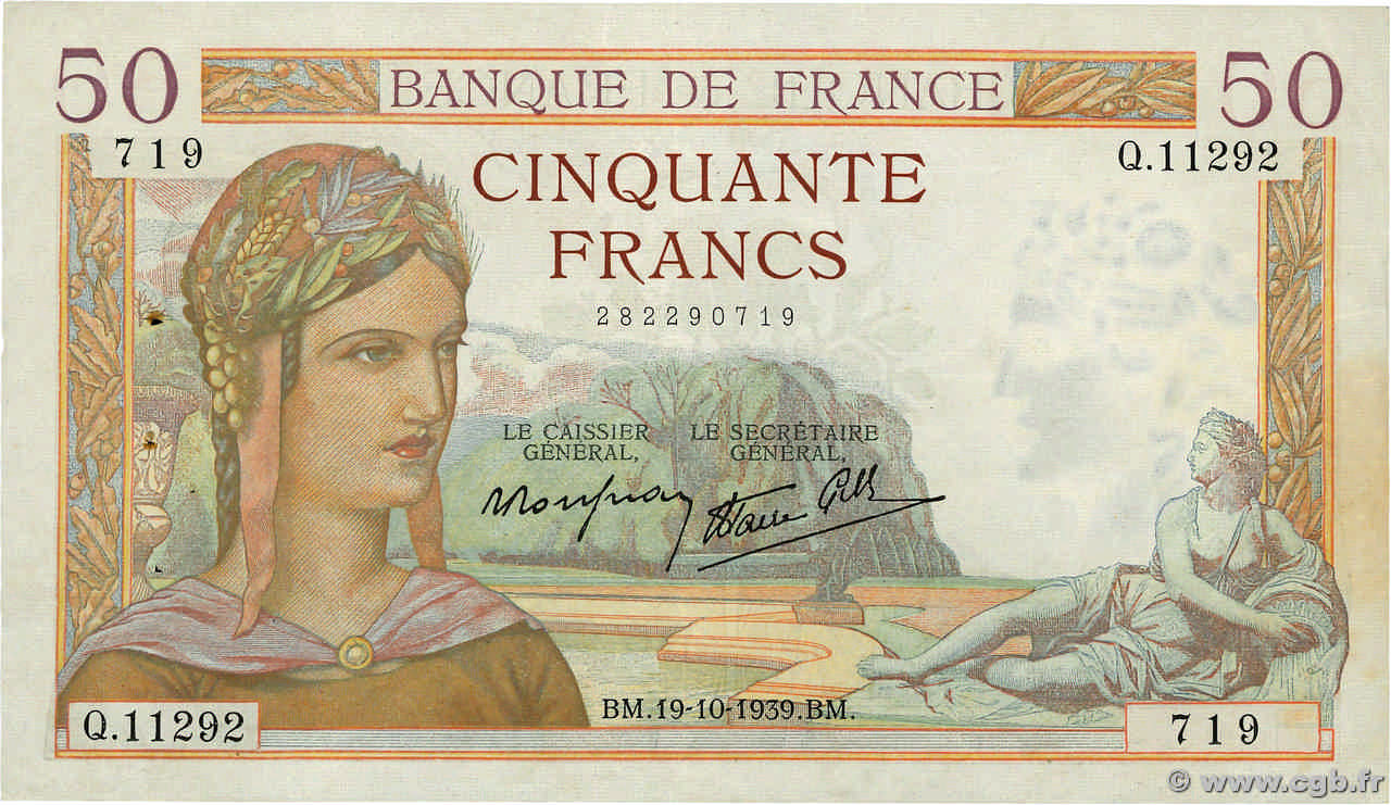 50 Francs CÉRÈS modifié FRANCE  1939 F.18.33 VF