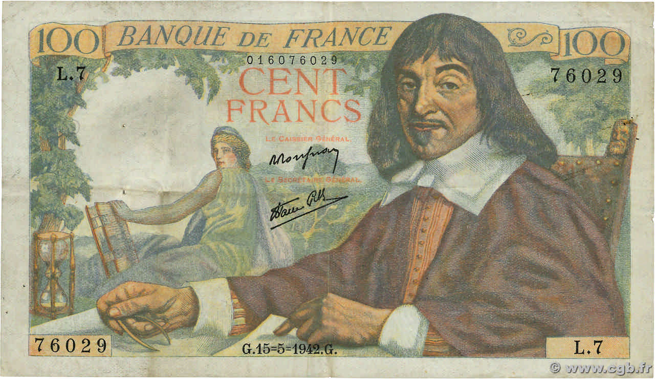 100 Francs DESCARTES FRANCE  1942 F.27.01 TB+