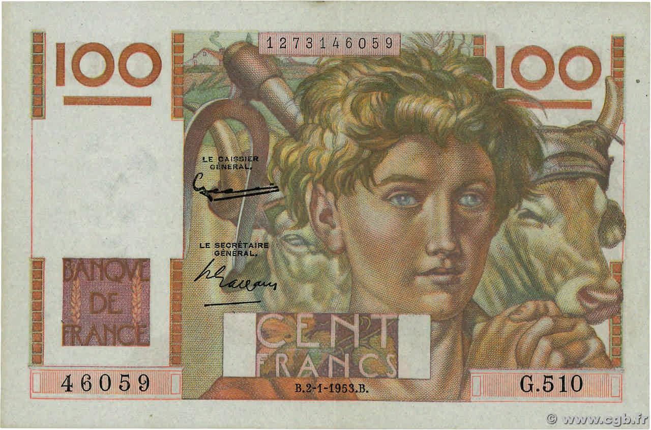 100 Francs JEUNE PAYSAN FRANCE  1953 F.28.35 SUP