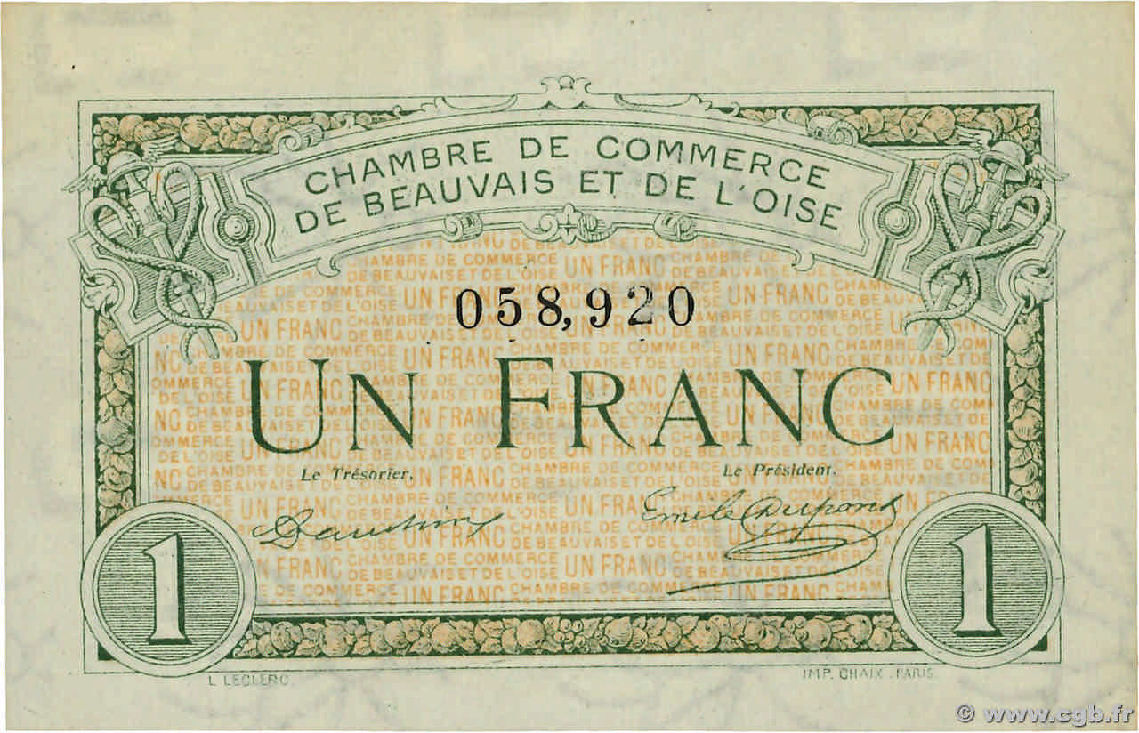 1 Franc FRANCE régionalisme et divers Beauvais 1920 JP.022.02 SPL+