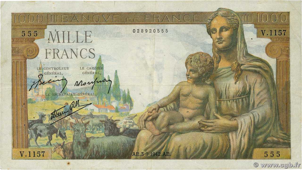1000 Francs DÉESSE DÉMÉTER FRANCE  1942 F.40.06 TB+