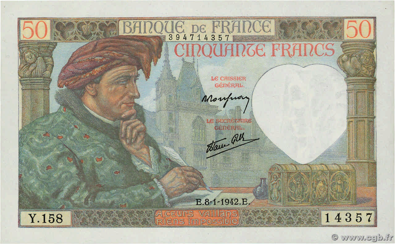 50 Francs JACQUES CŒUR FRANCE  1942 F.19.18 SPL+