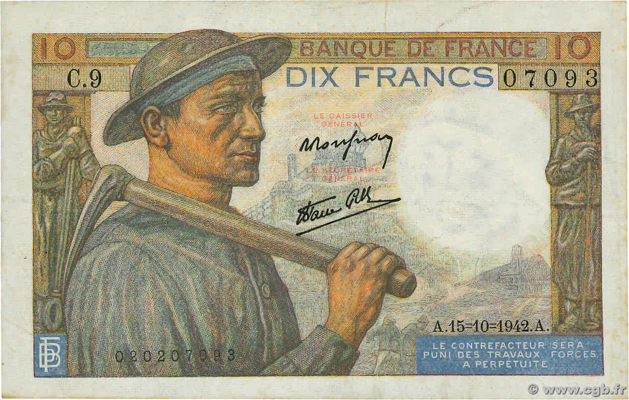 10 Francs MINEUR FRANCE  1942 F.08.04 TTB+