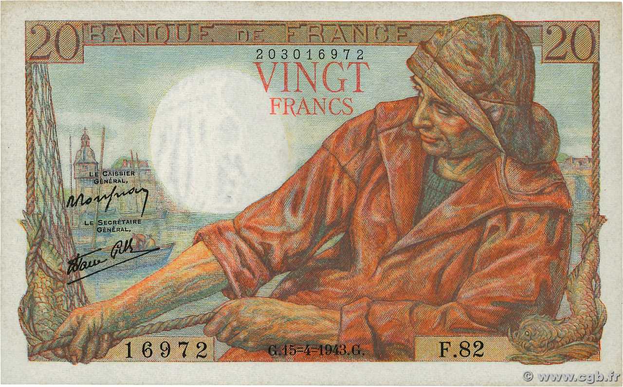 20 Francs PÊCHEUR FRANCE  1943 F.13.06 TTB+