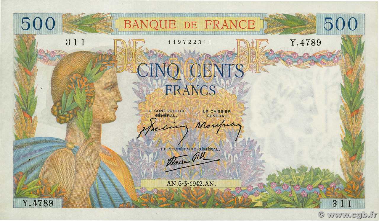 500 Francs LA PAIX FRANCE  1942 F.32.30 SUP