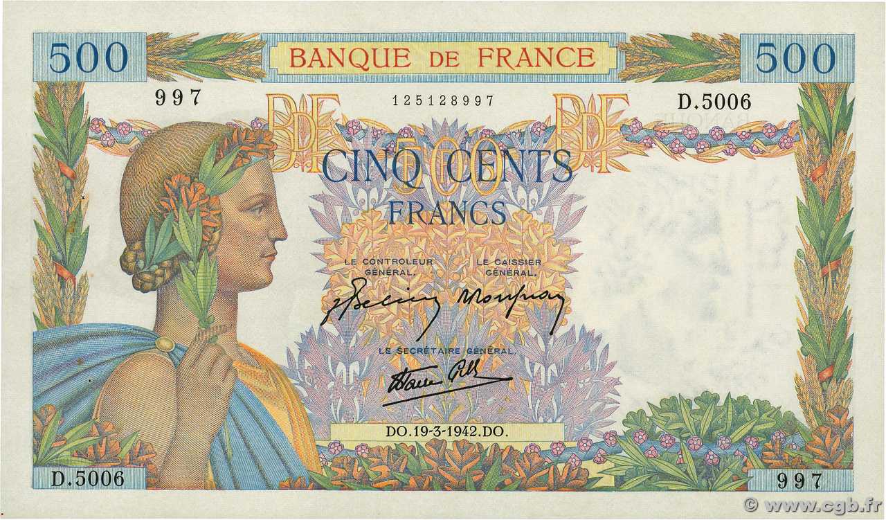 500 Francs LA PAIX FRANCE  1942 F.32.31 SUP