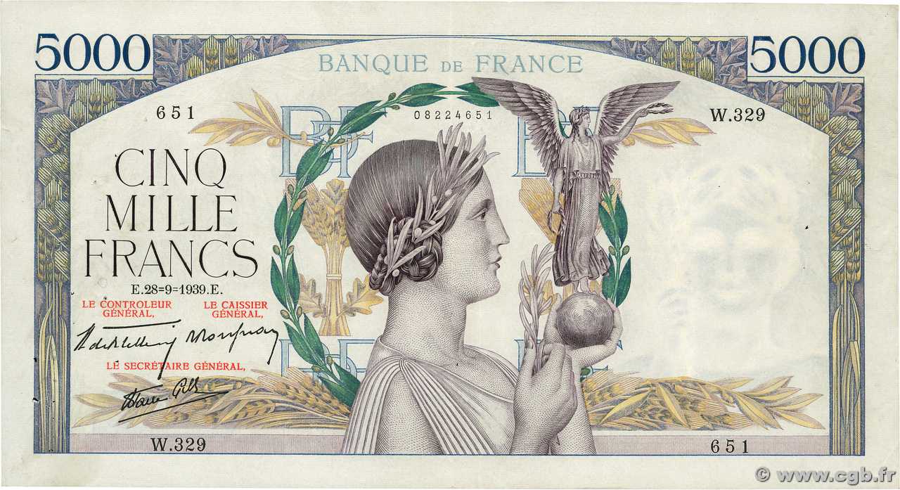 5000 Francs VICTOIRE Impression à plat FRANCE  1939 F.46.12 TTB