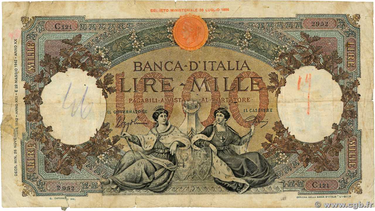 1000 Lire ITALIE  1943 P.063 pr.B