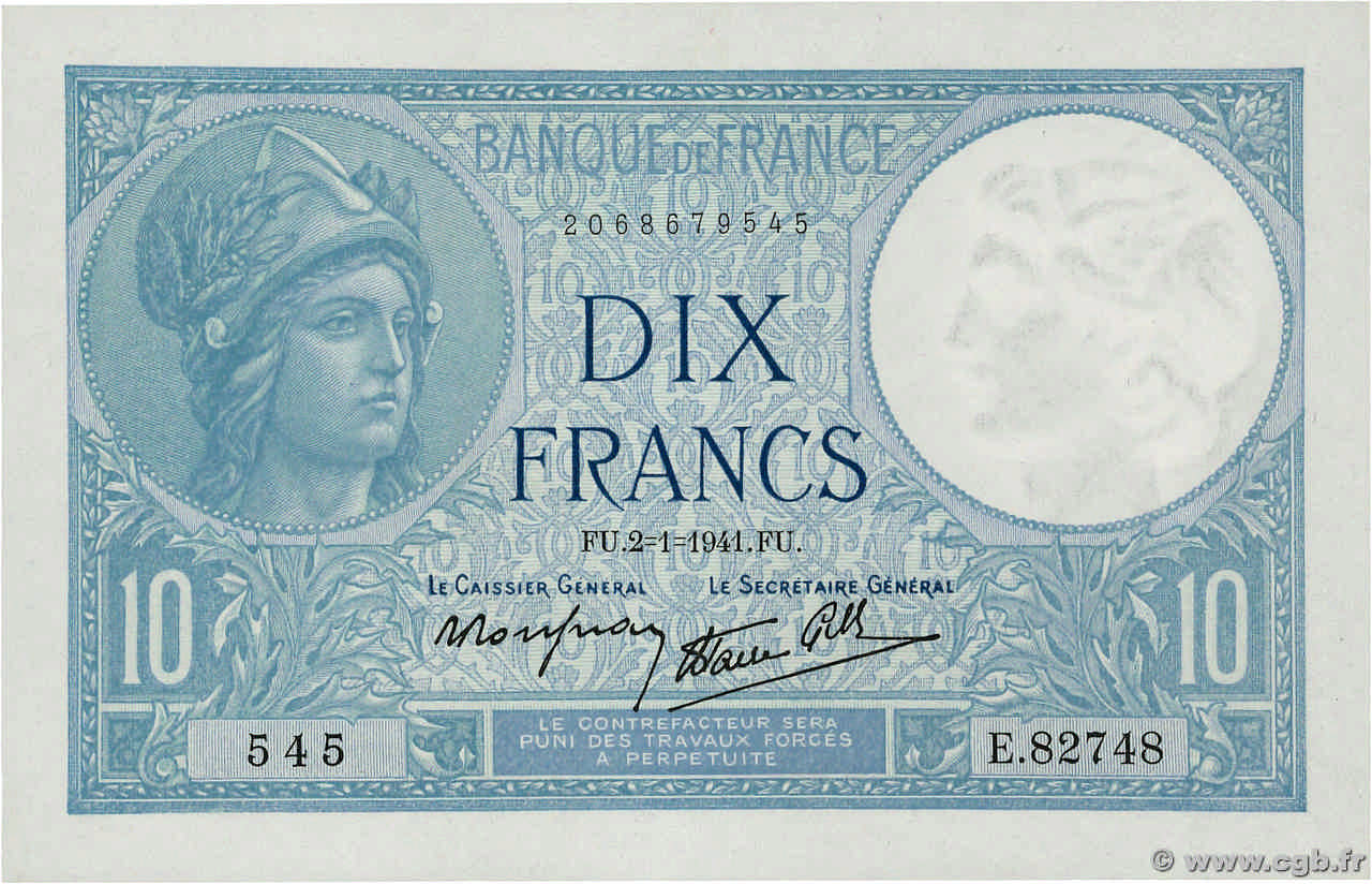 10 Francs MINERVE modifié FRANCE  1941 F.07.26 SUP