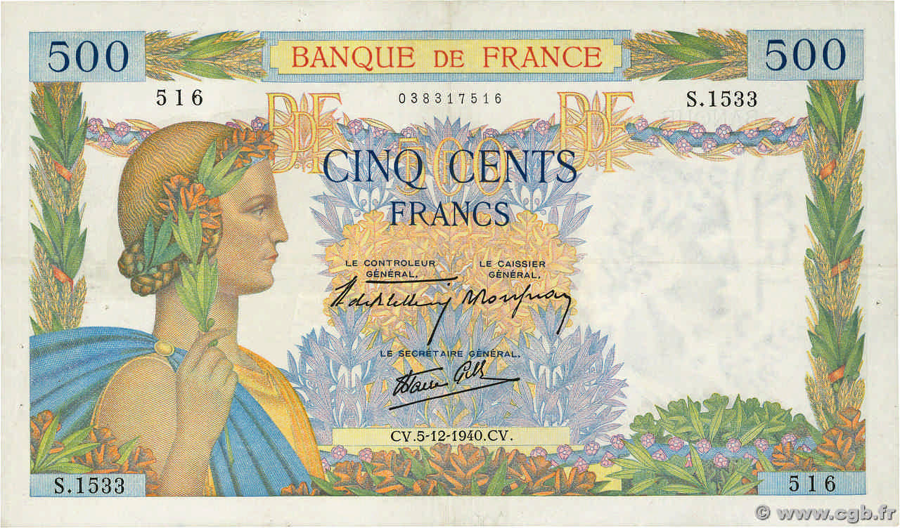 500 Francs LA PAIX FRANCE  1940 F.32.10 TTB