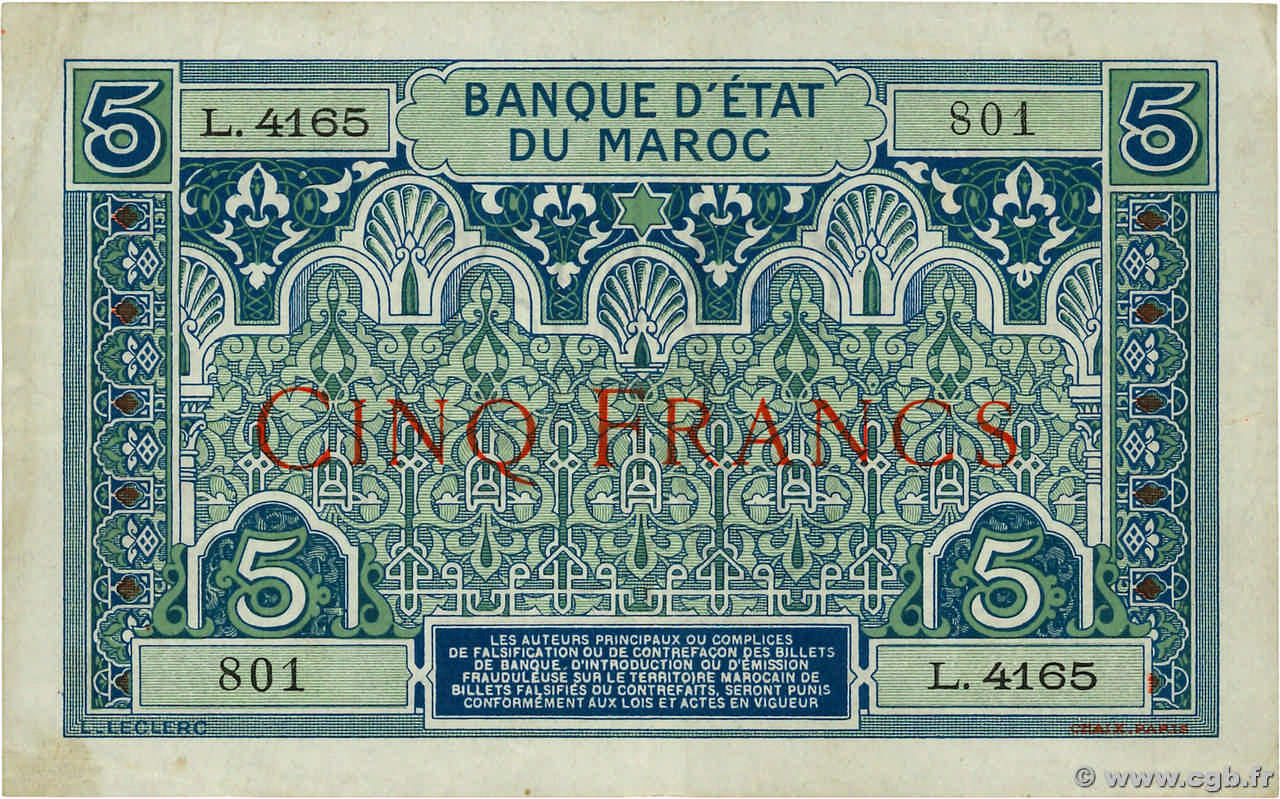 5 Francs MAROC  1924 P.09 TTB