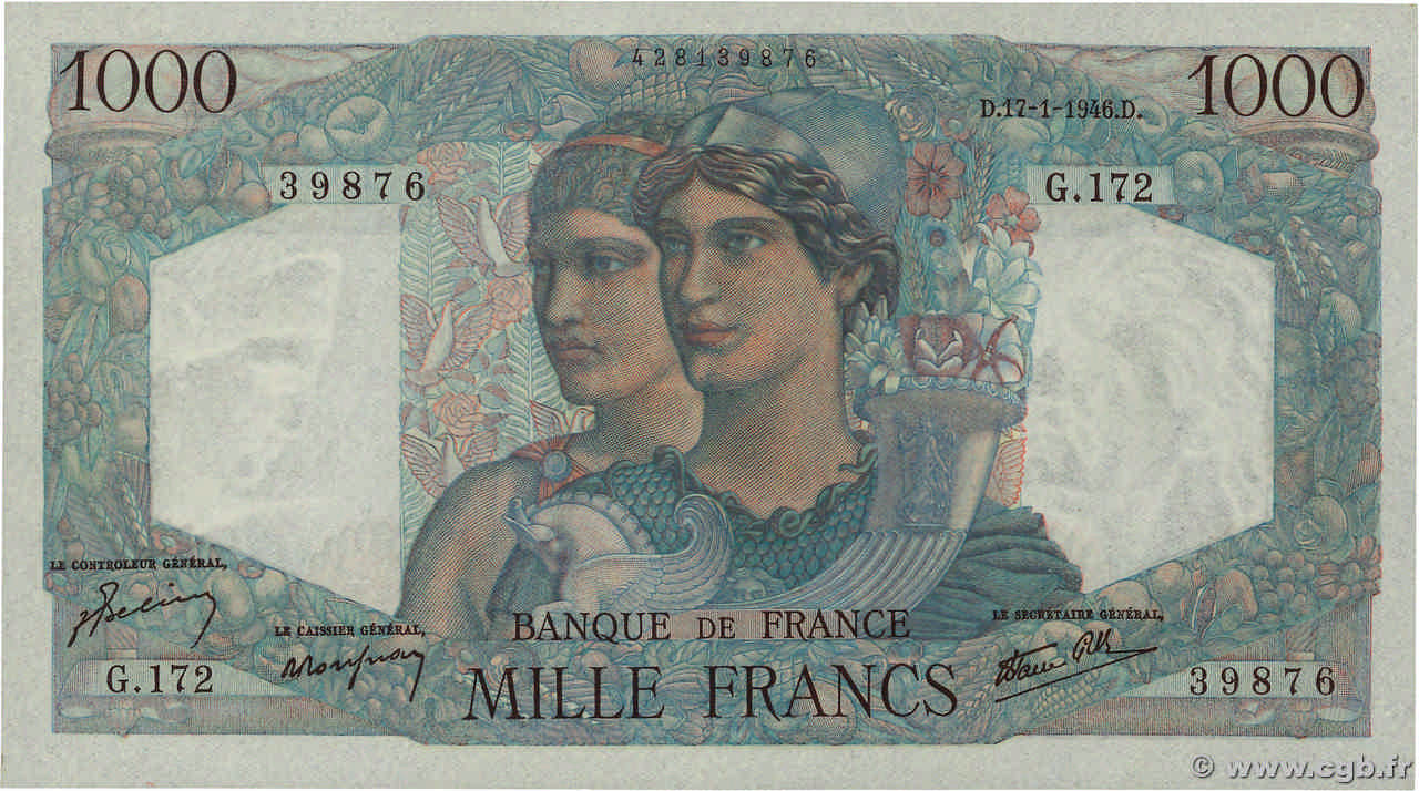 1000 Francs MINERVE ET HERCULE FRANCE  1946 F.41.10 SPL
