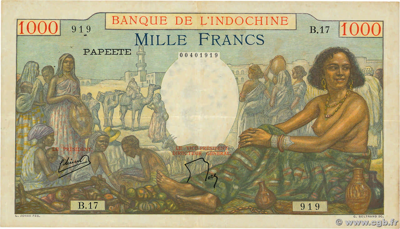 1000 Francs TAHITI  1954 P.15b TB+