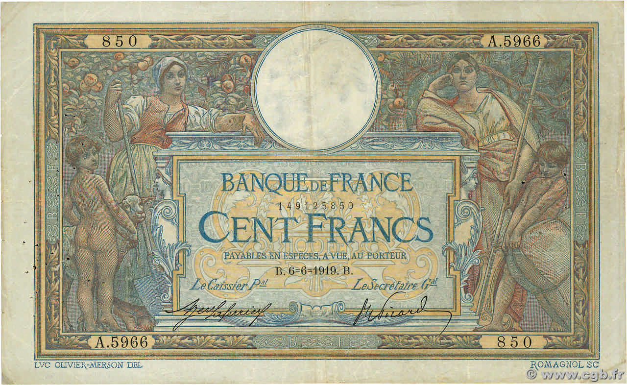 100 Francs LUC OLIVIER MERSON sans LOM FRANCE  1919 F.23.11 TB