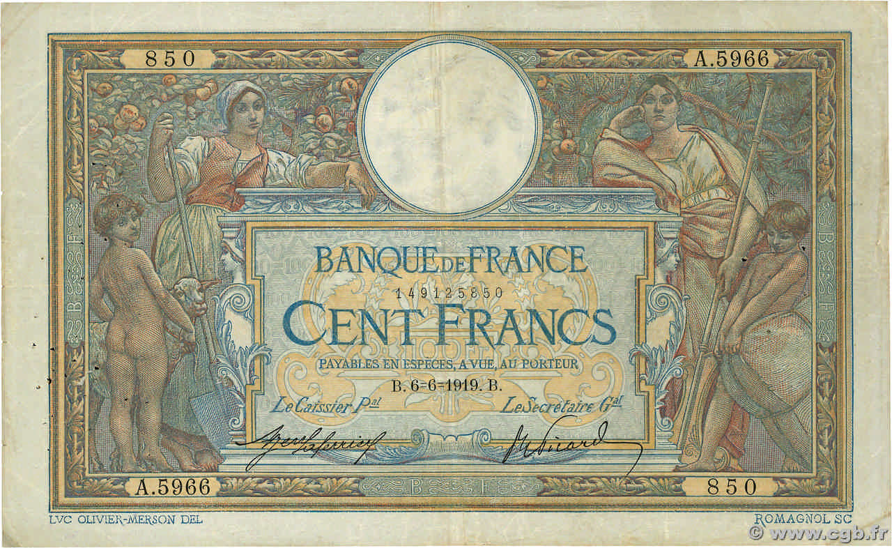 100 Francs LUC OLIVIER MERSON sans LOM FRANKREICH  1919 F.23.11 S