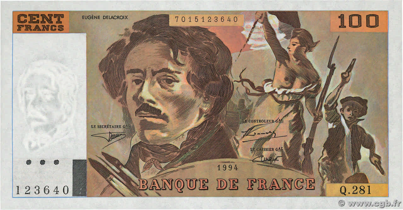 100 Francs DELACROIX 442-1 & 442-2 FRANKREICH  1994 F.69ter.01c ST