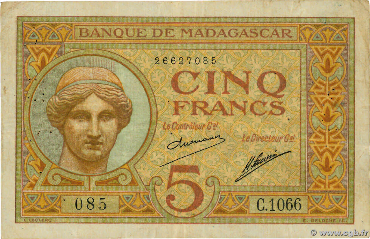 5 Francs MADAGASCAR  1926 P.035 TB+