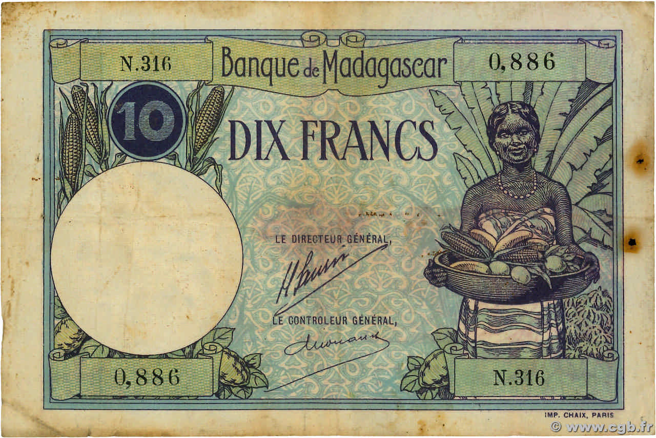 10 Francs MADAGASCAR  1926 P.036 TB