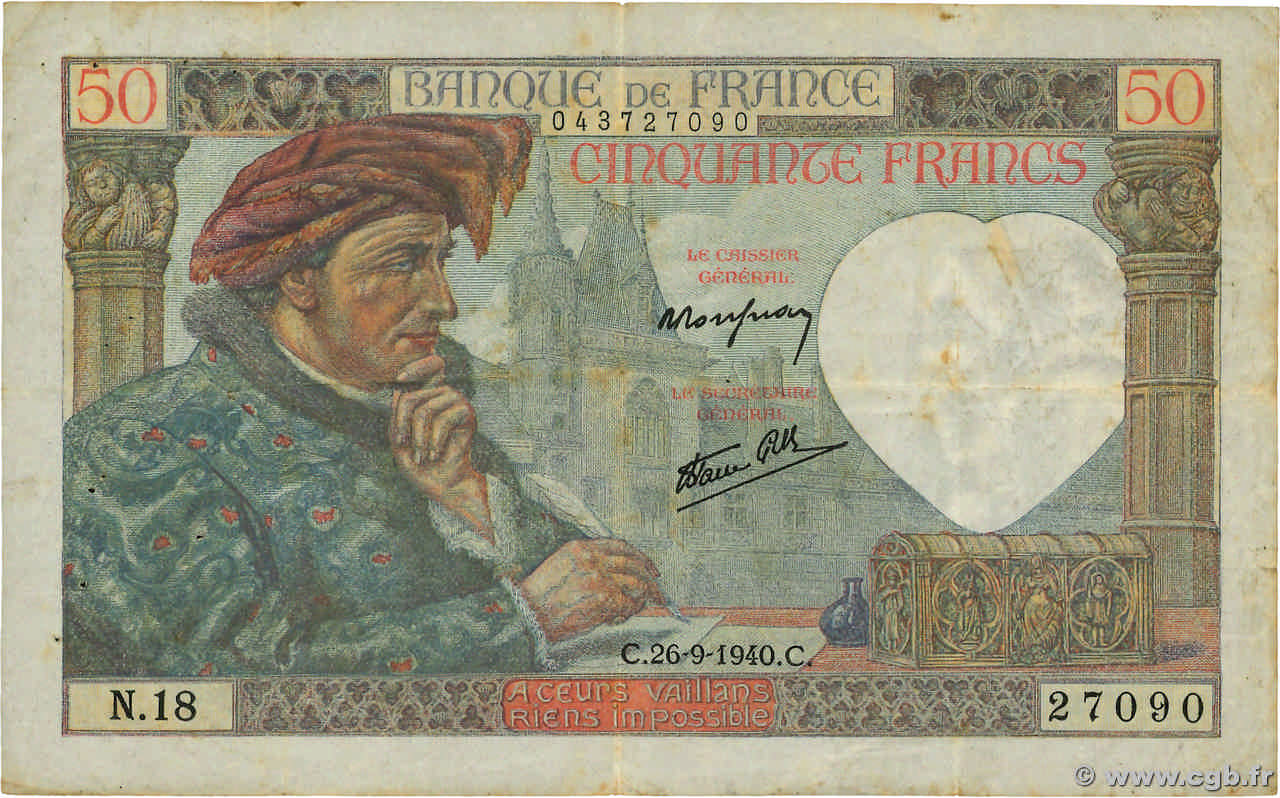50 Francs JACQUES CŒUR FRANCE  1940 F.19.03 TB